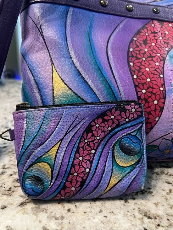 Anuschka Hand-Painted Leather Peacock Crossbody with Matching Coin Pouch - Picture 2 of 10